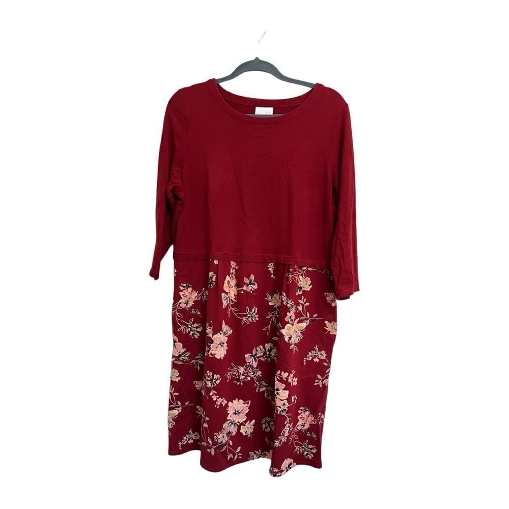 J Jill Burgundy Deep Red Dress 3/4 Sleeve Floral Pockets Pullover Size Medium